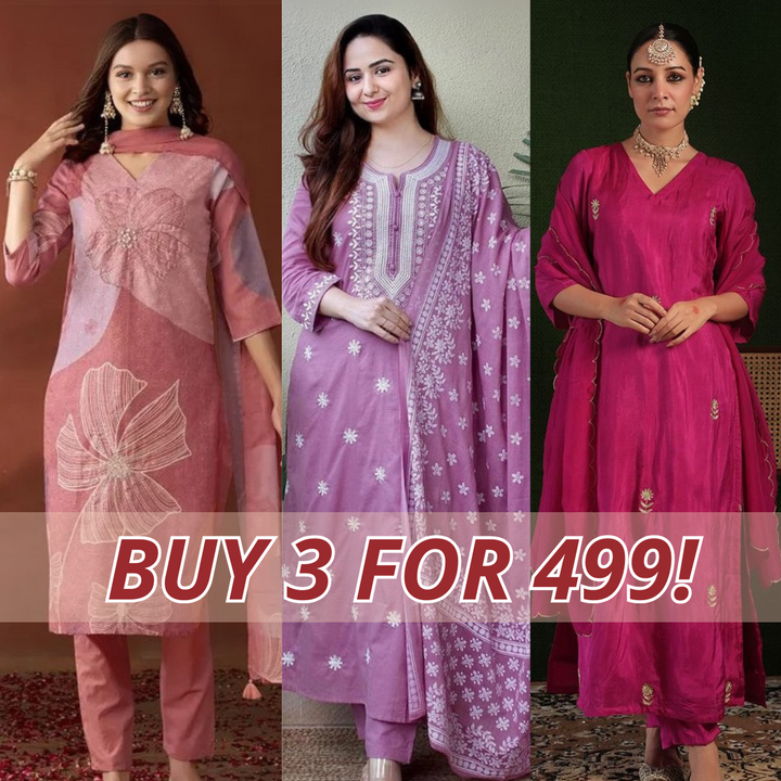 Elegant 3-Piece Women Kurti Set with Dupatta Combo Pack – Stylish, Comfortable & Versatile Ethnic Wear | KS-10