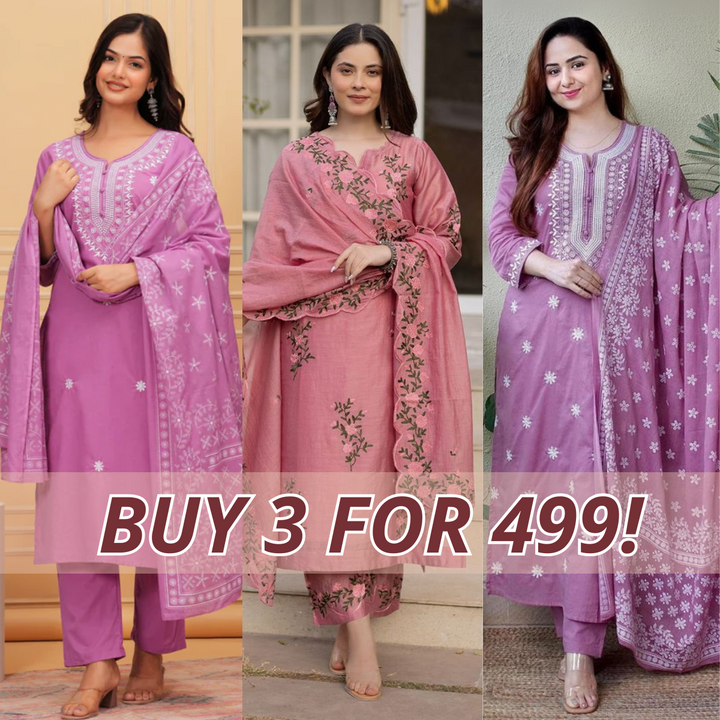 Elegant 3-Piece Women Kurti Set with Dupatta Combo Pack – Stylish, Comfortable & Versatile Ethnic Wear | KS-01