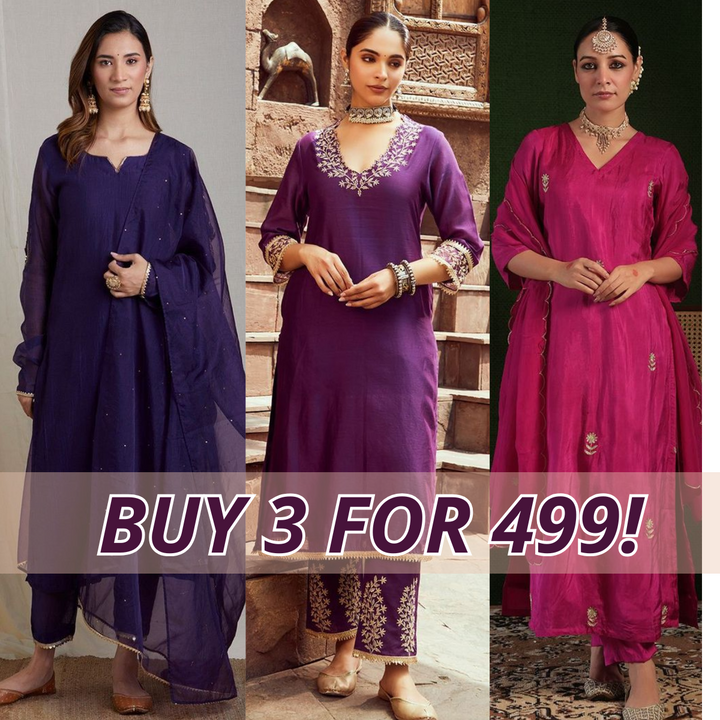 Elegant 3-Piece Women Kurti Set with Dupatta Combo Pack – Stylish, Comfortable & Versatile Ethnic Wear | KS-02