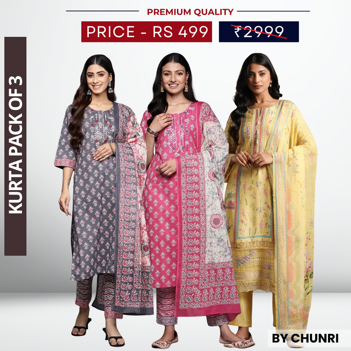 3 Piece Cotton Kurti Combo | Ideal for Office, Casual & Festive Looks | KC-05