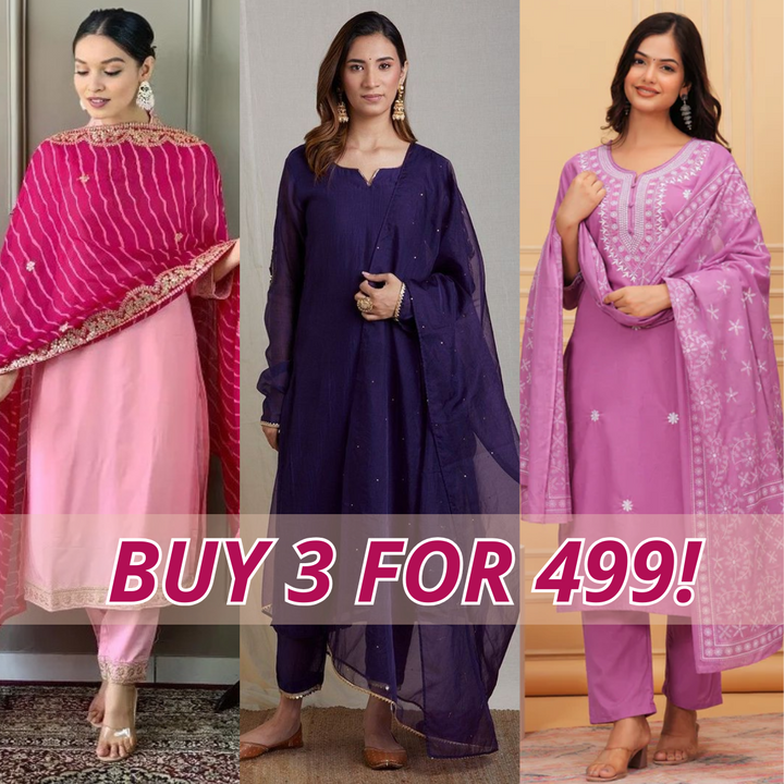 Elegant 3-Piece Women Kurti Set with Dupatta Combo Pack – Stylish, Comfortable & Versatile Ethnic Wear | KS-07