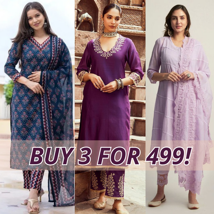 Elegant 3-Piece Women Kurti Set with Dupatta Combo Pack – Stylish, Comfortable & Versatile Ethnic Wear | KS-09